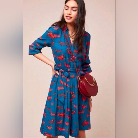 ❤️ ANTHROPOLOGIE CONVERSATIONS HAUTE DACHSHUND A-LINE SHIRT DRESS, 2 - Picture 2 of 16